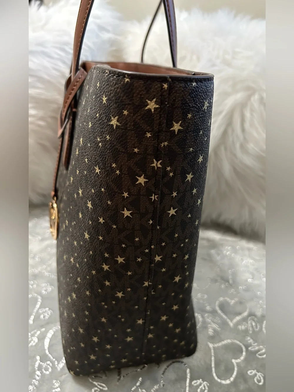 NWT Michael Kors Arden Brown Star-Print Logo Tote with Tan Trim